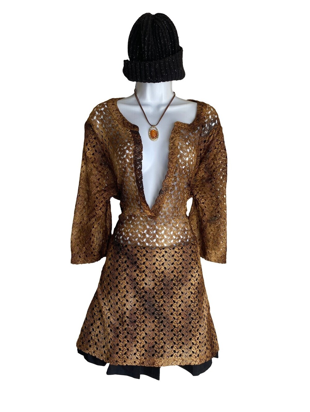 Y2K Catherines Plus 1X Brown Crochet Lace Tunic Blouse Whimsigoth Grunge Boho